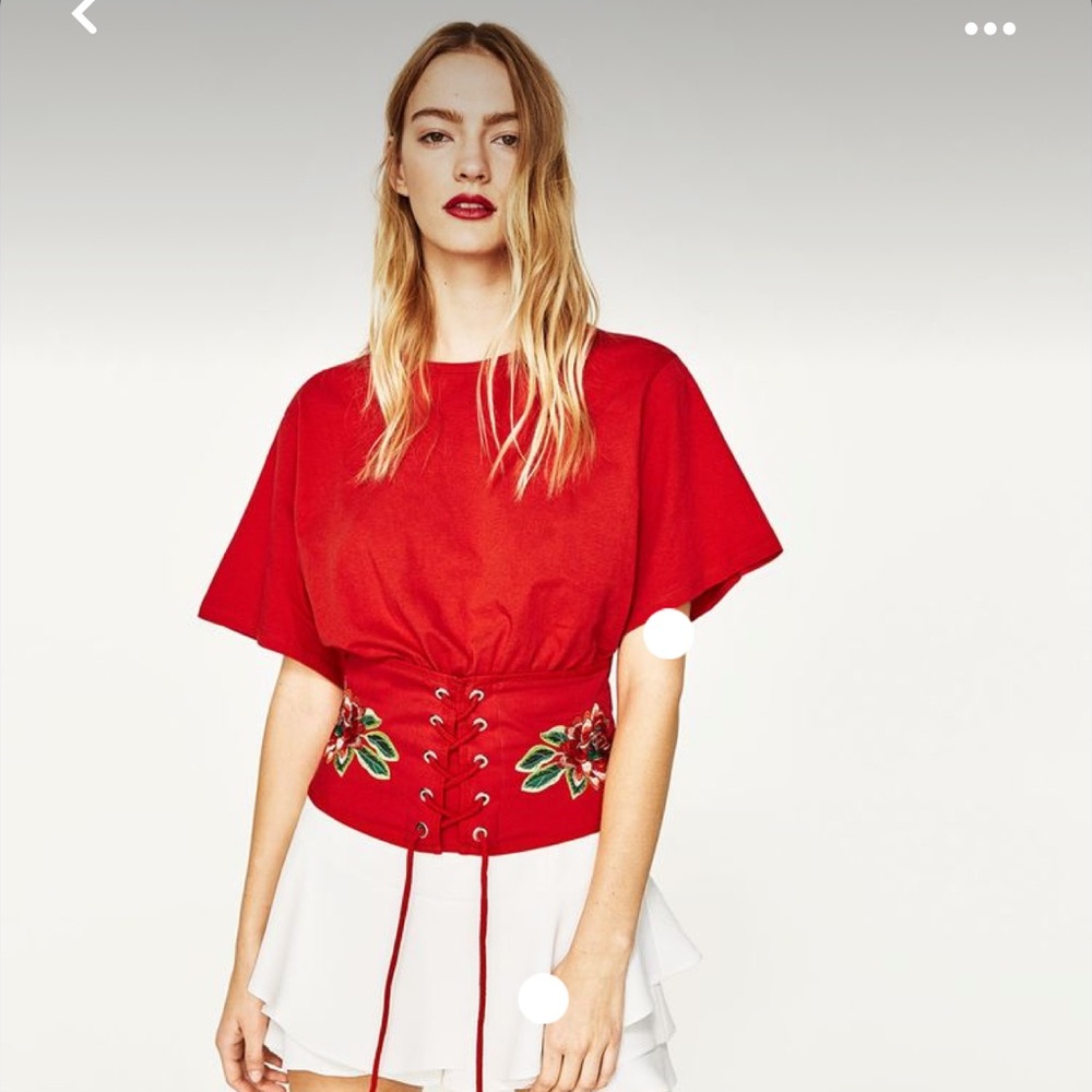 Zara red embroidered corset t-shirt